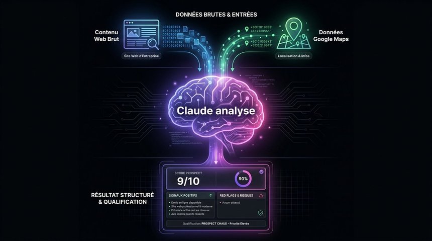 l'IA analyse le contenu du site et les données Maps pour scorer chaque prospect
